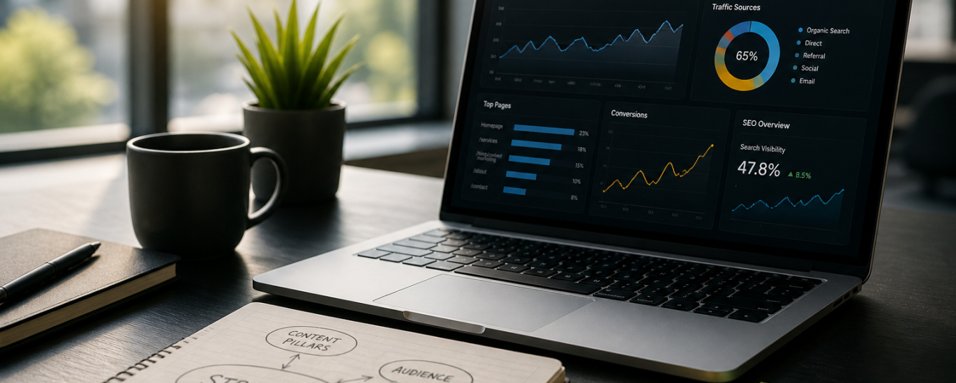 Content marketing strategy workspace with analytics dashboard and content pillar planning notes