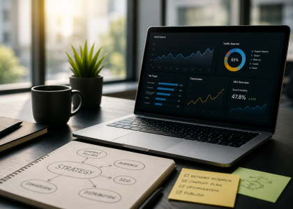 Content marketing strategy workspace with analytics dashboard and content pillar planning notes
