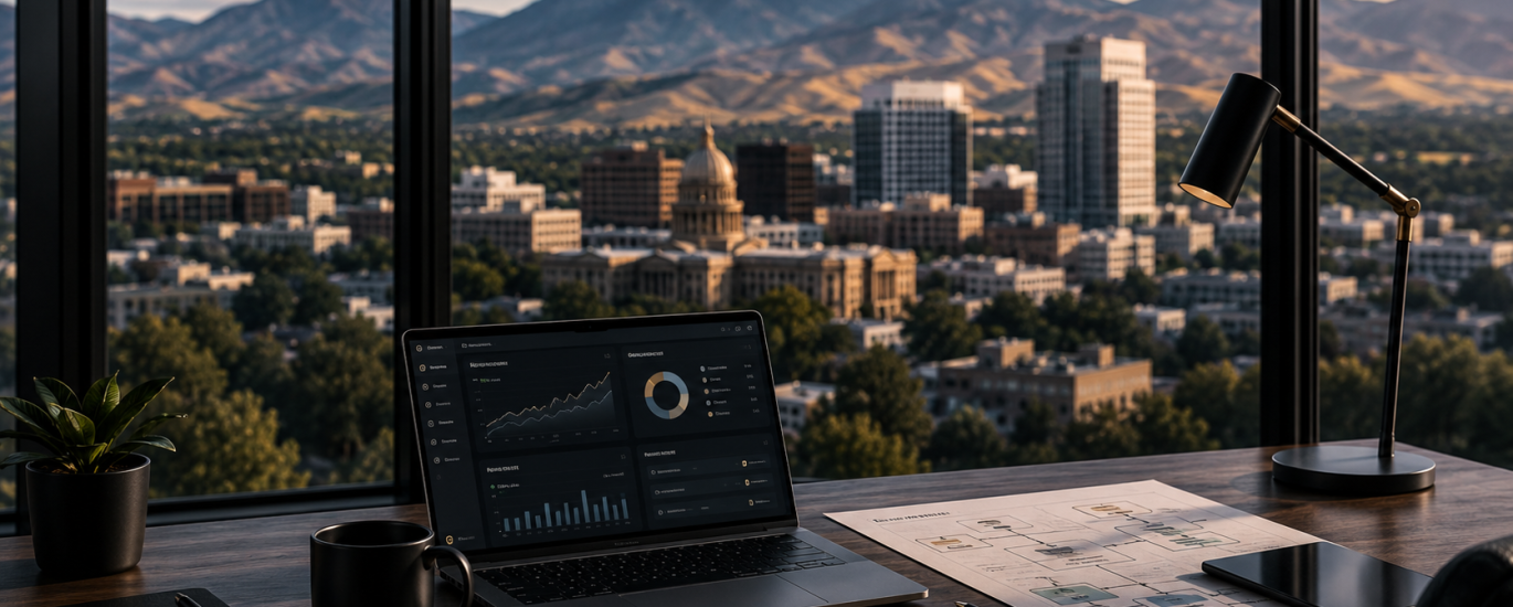 Modern Boise business strategy workspace featuring analytics dashboards, operational planning documents, and scalable marketing systems designed for business growth by Legacy Engine.