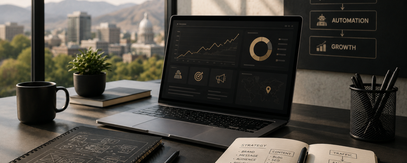 Modern Boise business strategy workspace featuring marketing automation dashboards, brand planning notes, and scalable business systems for digital growth and operational efficiency.