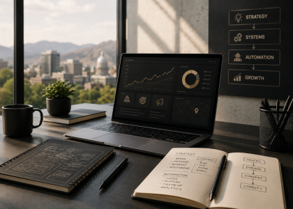 Modern Boise business strategy workspace featuring marketing automation dashboards, brand planning notes, and scalable business systems for digital growth and operational efficiency.