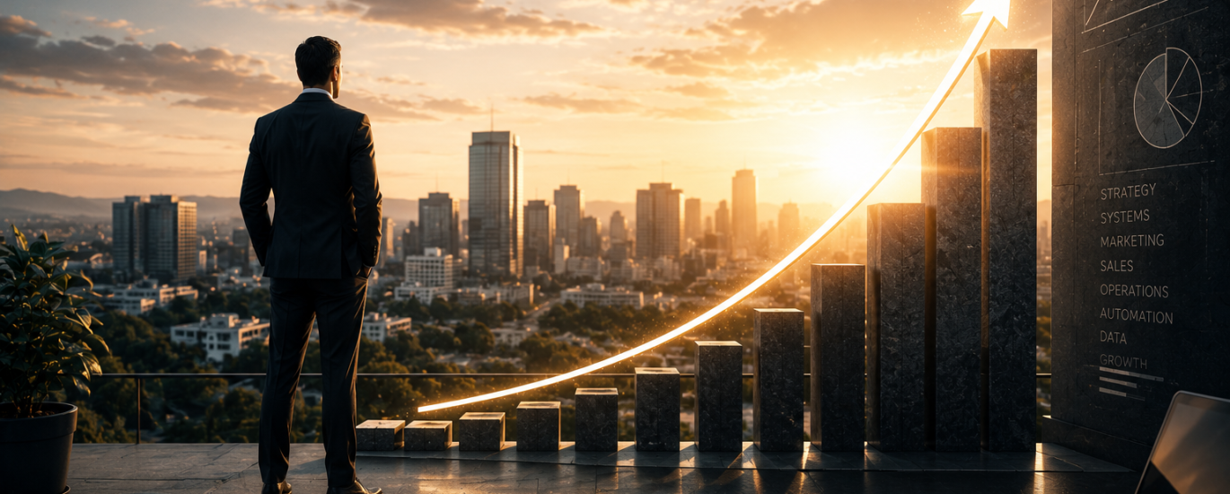 Business leader viewing scalable growth strategy and performance metrics.