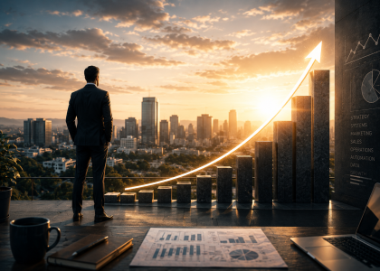Business leader viewing scalable growth strategy and performance metrics.