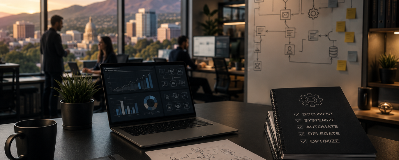 Business owner reviewing documented processes and workflow systems to improve efficiency and scale business growth in Boise.