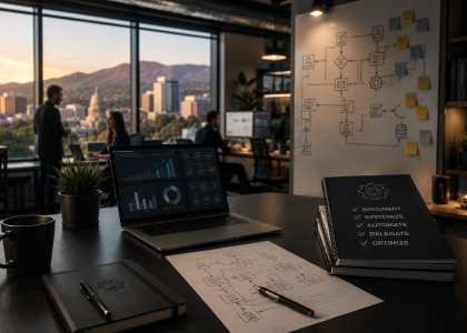Business owner reviewing documented processes and workflow systems to improve efficiency and scale business growth in Boise.