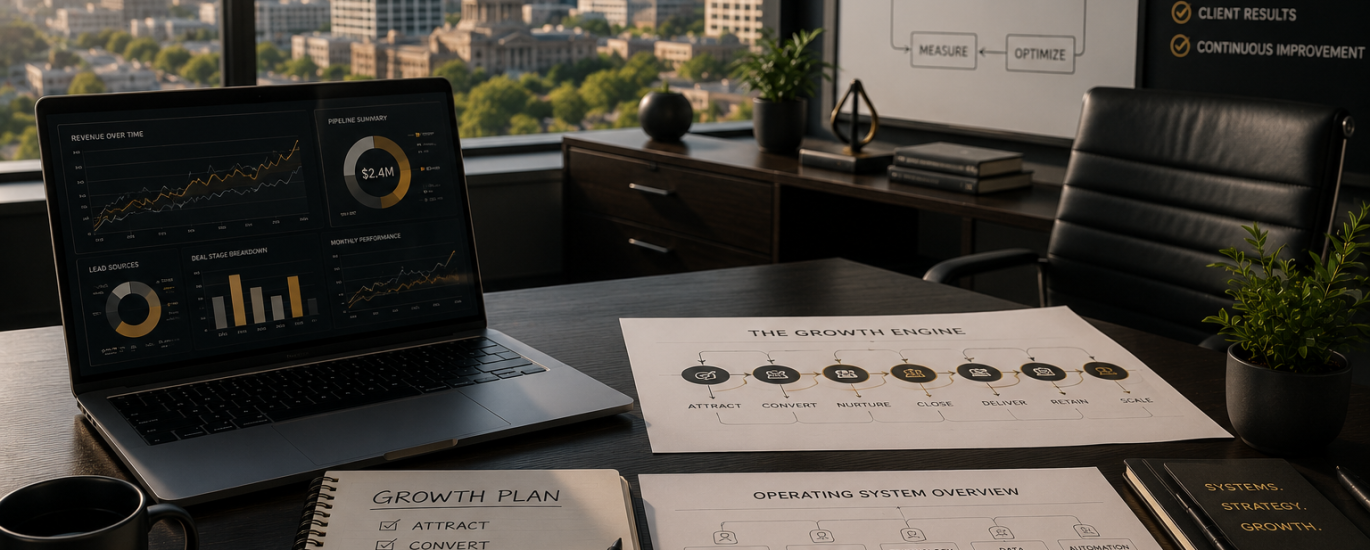 Business growth operating system with performance dashboards, strategic planning documents, and scalable growth infrastructure in a modern executive office.