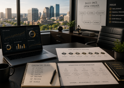 Business growth operating system with performance dashboards, strategic planning documents, and scalable growth infrastructure in a modern executive office.