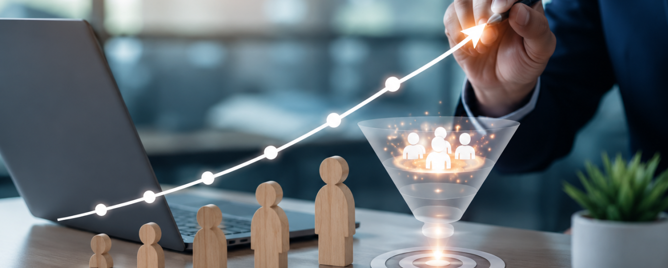 Business professional analyzing website conversion growth on a laptop