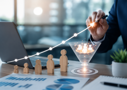 Business professional analyzing website conversion growth on a laptop