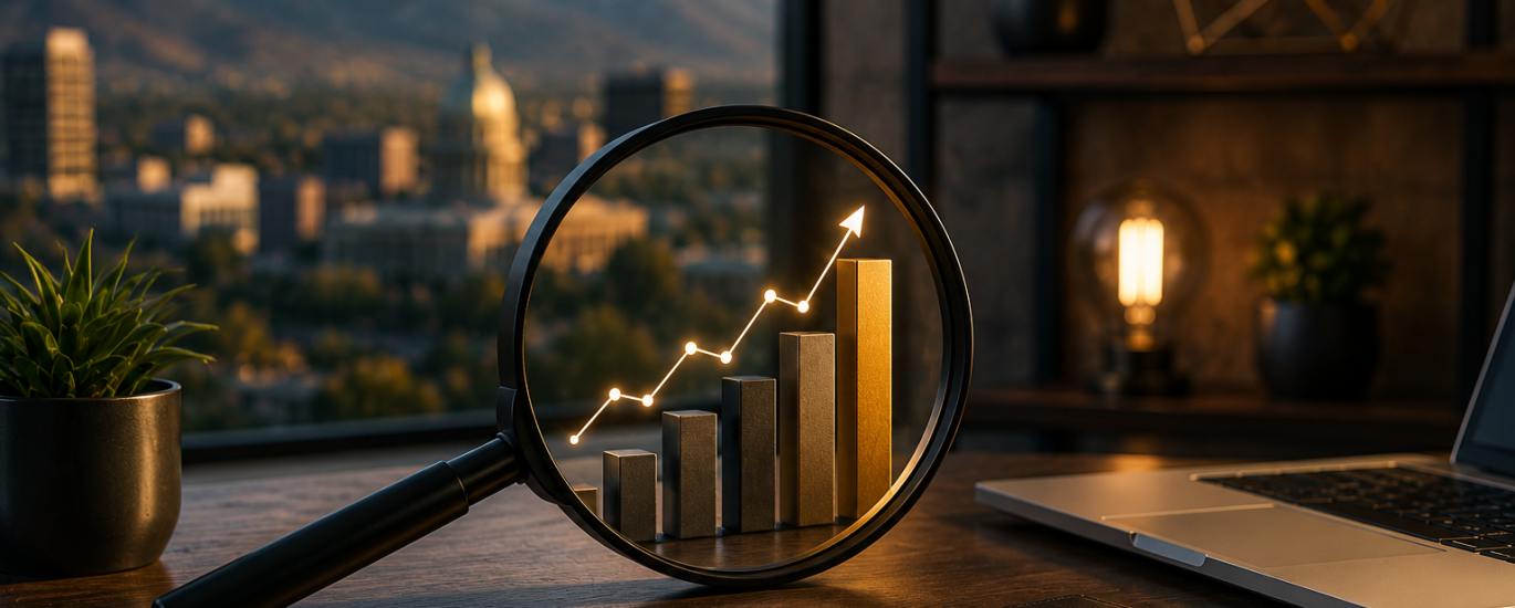 Magnifying glass analyzing business growth metrics in a modern office