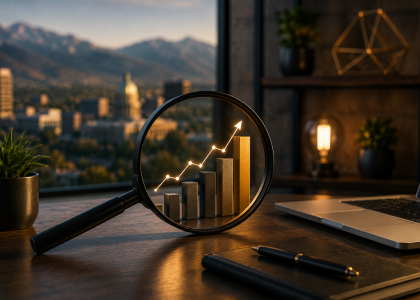 Magnifying glass analyzing business growth metrics in a modern office
