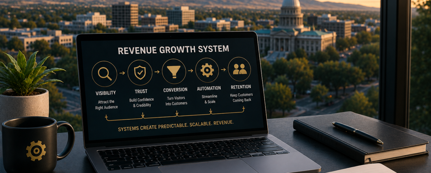 Modern workspace overlooking the Boise skyline with a laptop displaying a revenue growth system dashboard, illustrating how strategic marketing, automation, and customer retention drive sustainable business growth.