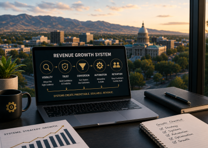 Modern workspace overlooking the Boise skyline with a laptop displaying a revenue growth system dashboard, illustrating how strategic marketing, automation, and customer retention drive sustainable business growth.