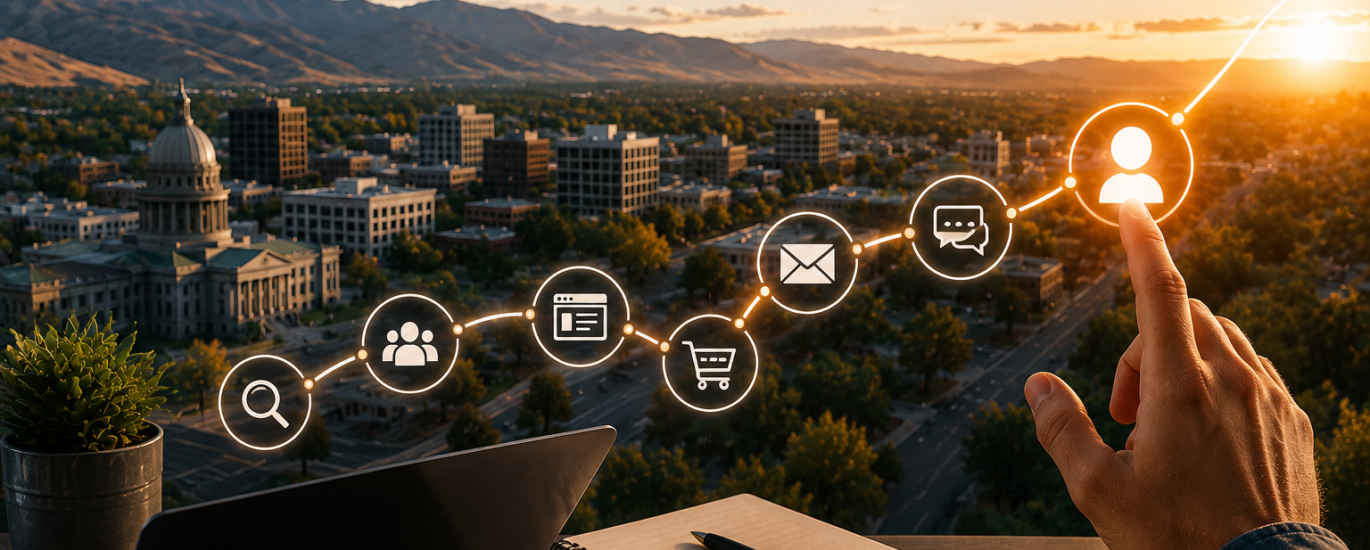 Customer journey visualization over the Boise skyline with connected digital touchpoints leading to a customer icon, representing how strategic marketing, automation, and customer experience drive business growth.