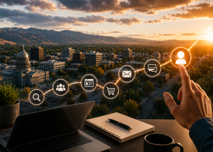 Customer journey visualization over the Boise skyline with connected digital touchpoints leading to a customer icon, representing how strategic marketing, automation, and customer experience drive business growth.