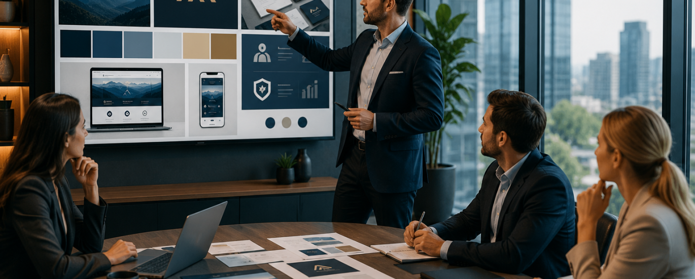 Business team developing a brand strategy in a modern office