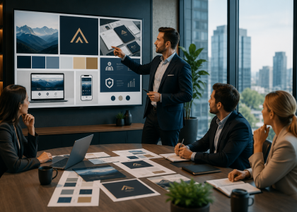 Business team developing a brand strategy in a modern office