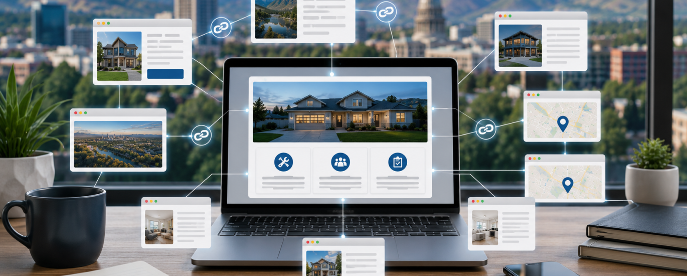 Connected website pages representing internal linking for Boise SEO.