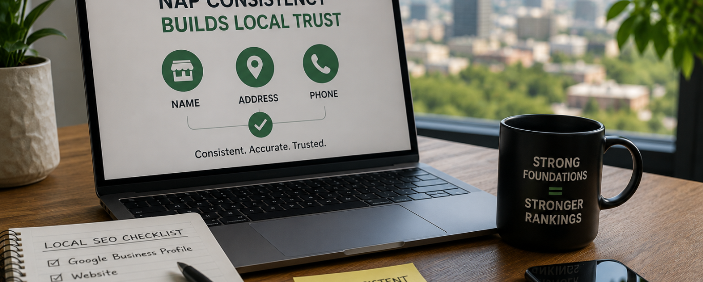 NAP consistency showing accurate business name, address, and phone information for Local SEO.