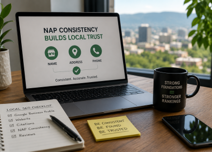 NAP consistency showing accurate business name, address, and phone information for Local SEO.