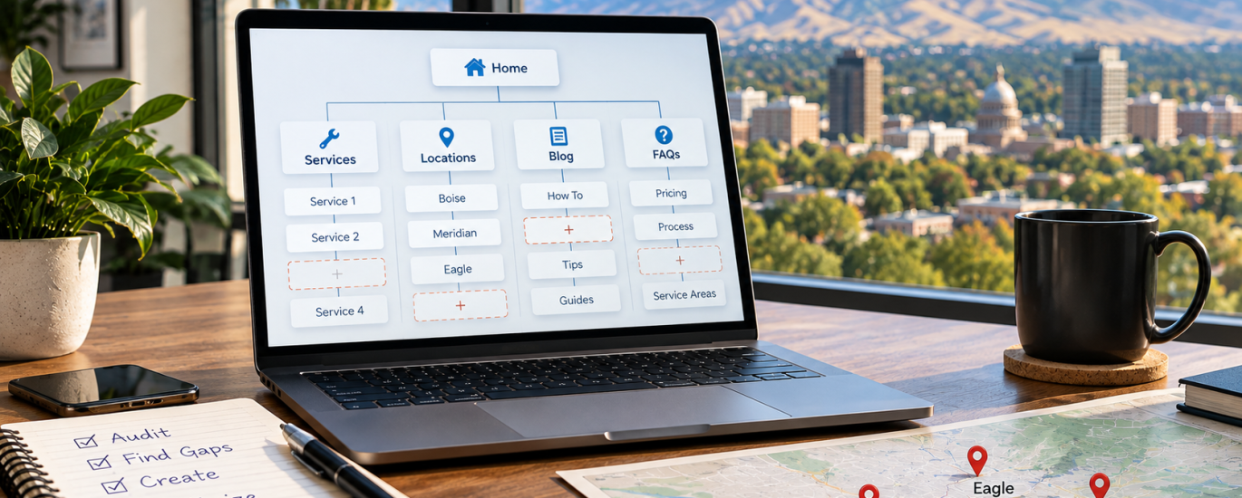 Website content map identifying Local SEO gaps across Boise services and locations.