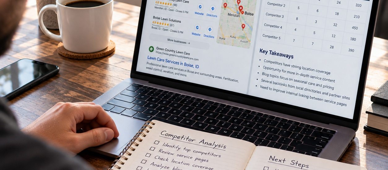 Boise marketing professional researching local SEO competitors, comparing search results, service pages, and backlinks to identify growth opportunities.