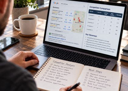 Boise marketing professional researching local SEO competitors, comparing search results, service pages, and backlinks to identify growth opportunities.
