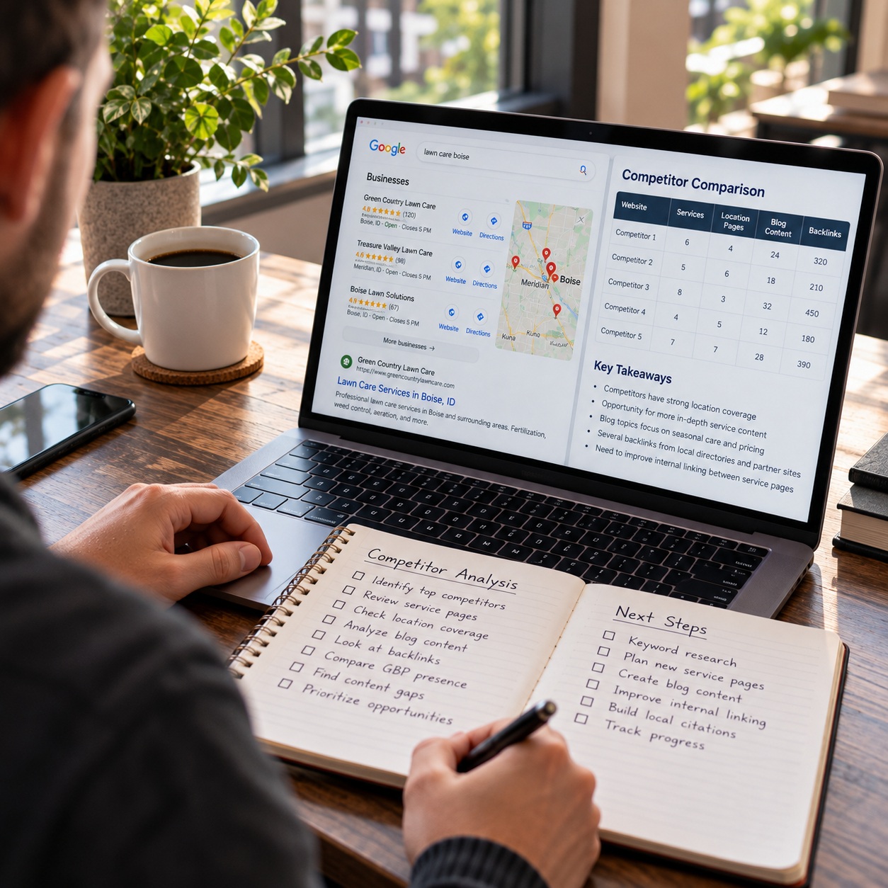 Boise marketing professional researching local SEO competitors, comparing search results, service pages, and backlinks to identify growth opportunities.