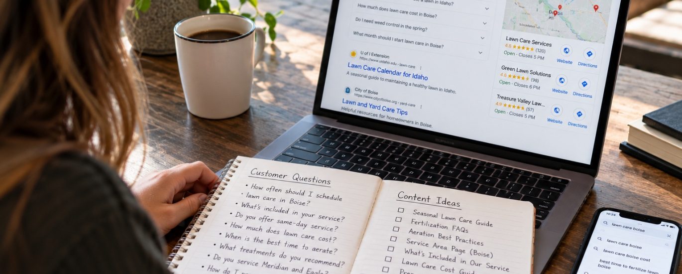 Marketing professional researching customer questions and planning SEO blog content for a Boise service business.