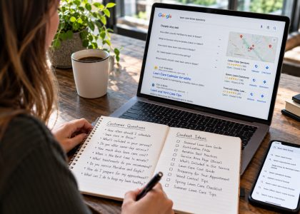 Marketing professional researching customer questions and planning SEO blog content for a Boise service business.