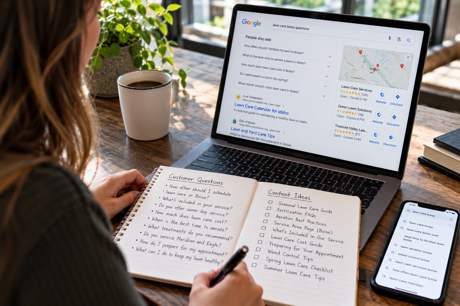 Marketing professional researching customer questions and planning SEO blog content for a Boise service business.