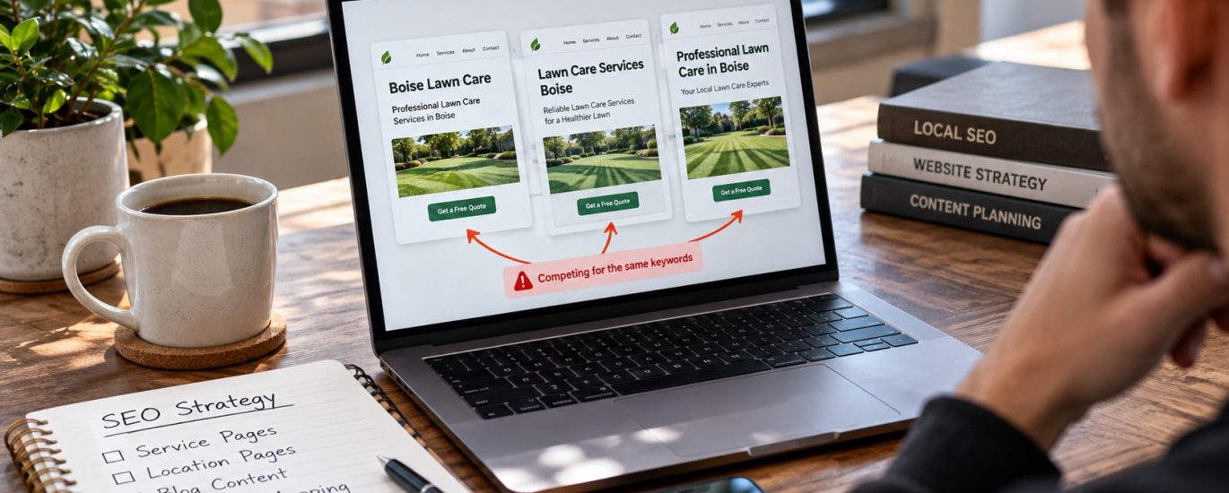 Boise SEO professional reviewing overlapping lawn care service pages on a laptop to identify keyword cannibalization and improve local SEO website structure.