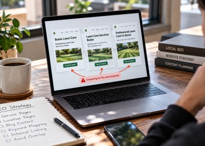 Boise SEO professional reviewing overlapping lawn care service pages on a laptop to identify keyword cannibalization and improve local SEO website structure.