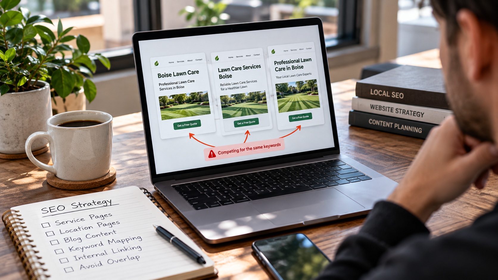 Boise SEO professional reviewing overlapping lawn care service pages on a laptop to identify keyword cannibalization and improve local SEO website structure.